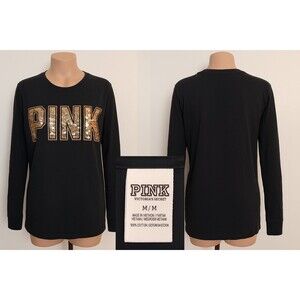Victoria's Secret Sweatshirt Sz M PINK Spellout Gold Sequins Sparkle Bling Glam